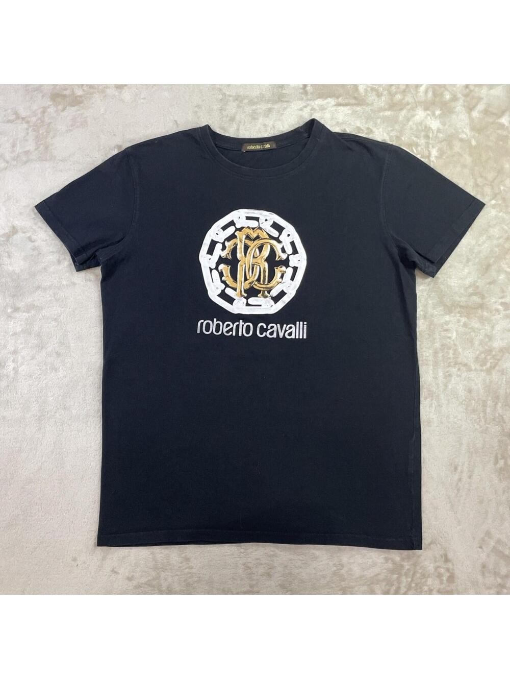 Roberto Cavalli Gold Silver Logo Black Tee T Shirt Men’s Size Large